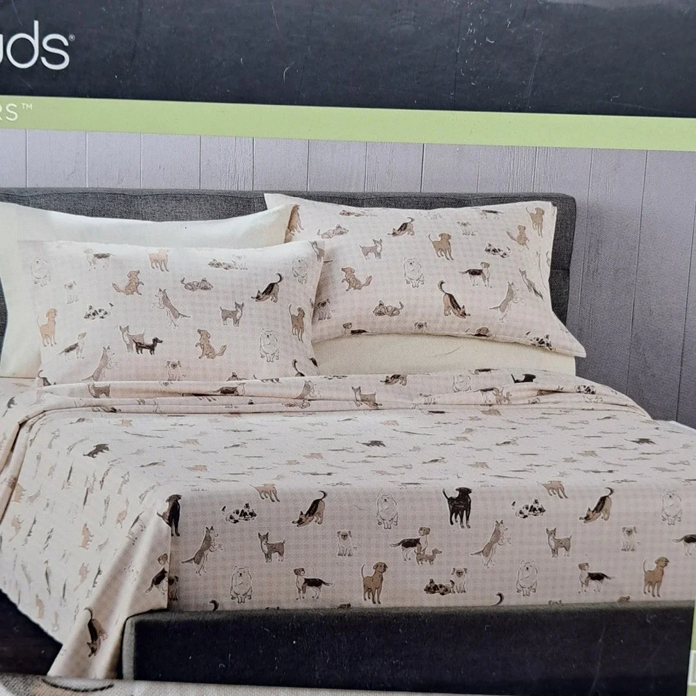 Cuddl Duds Sheet Set Full Size Tan Plaid Dogs Microfiber Soft Warm Bedding New